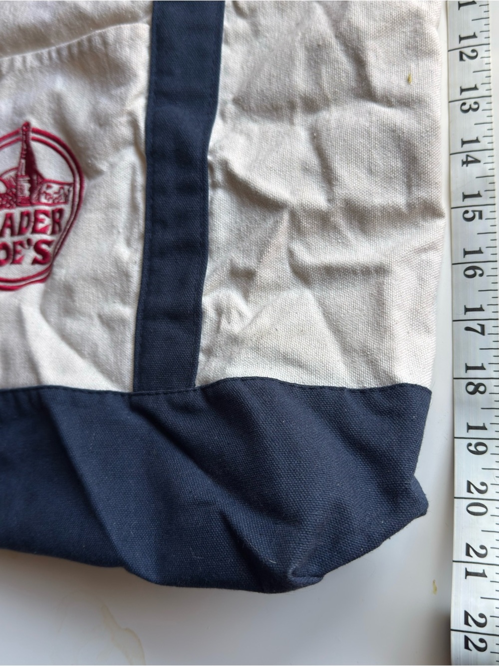Trader Joe’s Large Canvas Tote Beige Navy with Red Logo Reusable Shopping Bag - Picture 3 of 7